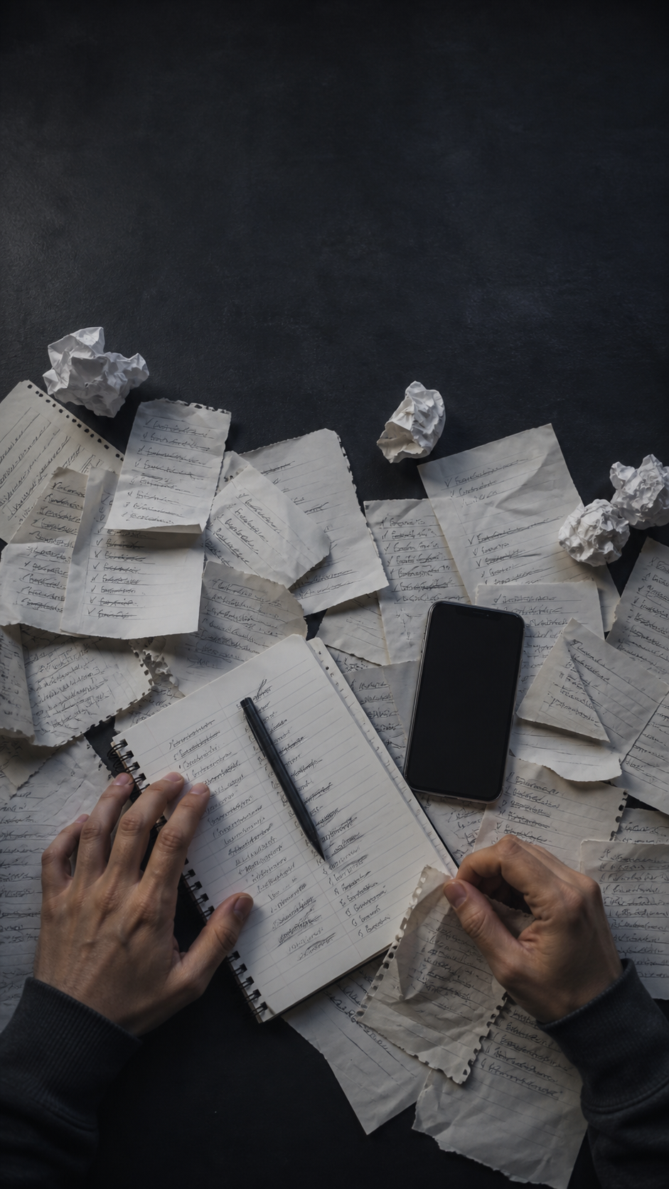 A desk covered in an overwhelming number of handwritten task lists